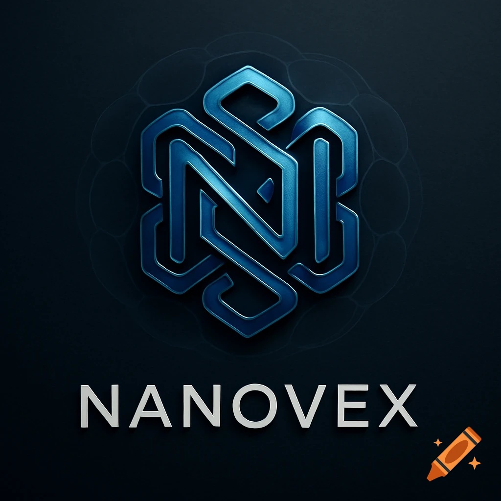 Blue metallic, abstract logo with intertwined letters 'N' and 'S' above 'NANOVEX' text, on a dark background.