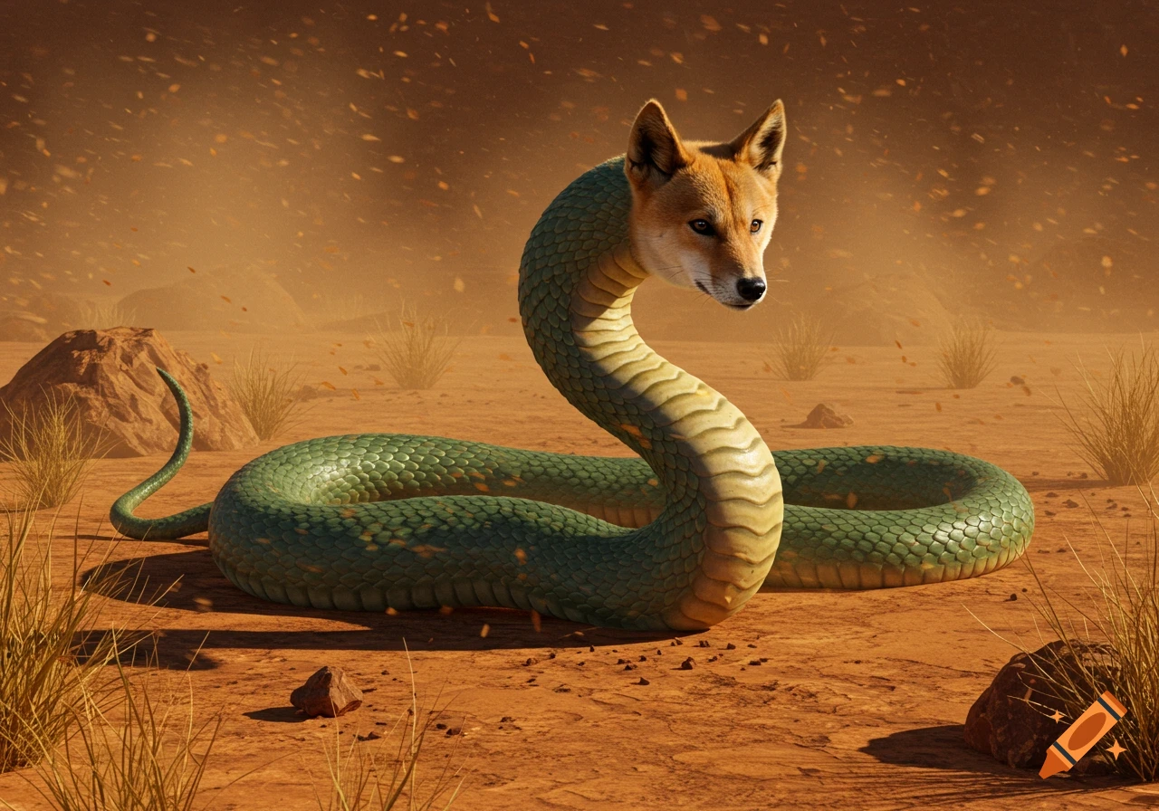A green snake with a dingo head stands upright in a dusty, sandy desert environment.