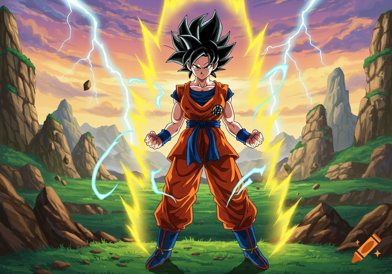 Anime female Goku powers up with a golden aura and lightning in a vibrant green landscape with mountains under a sunset sky.