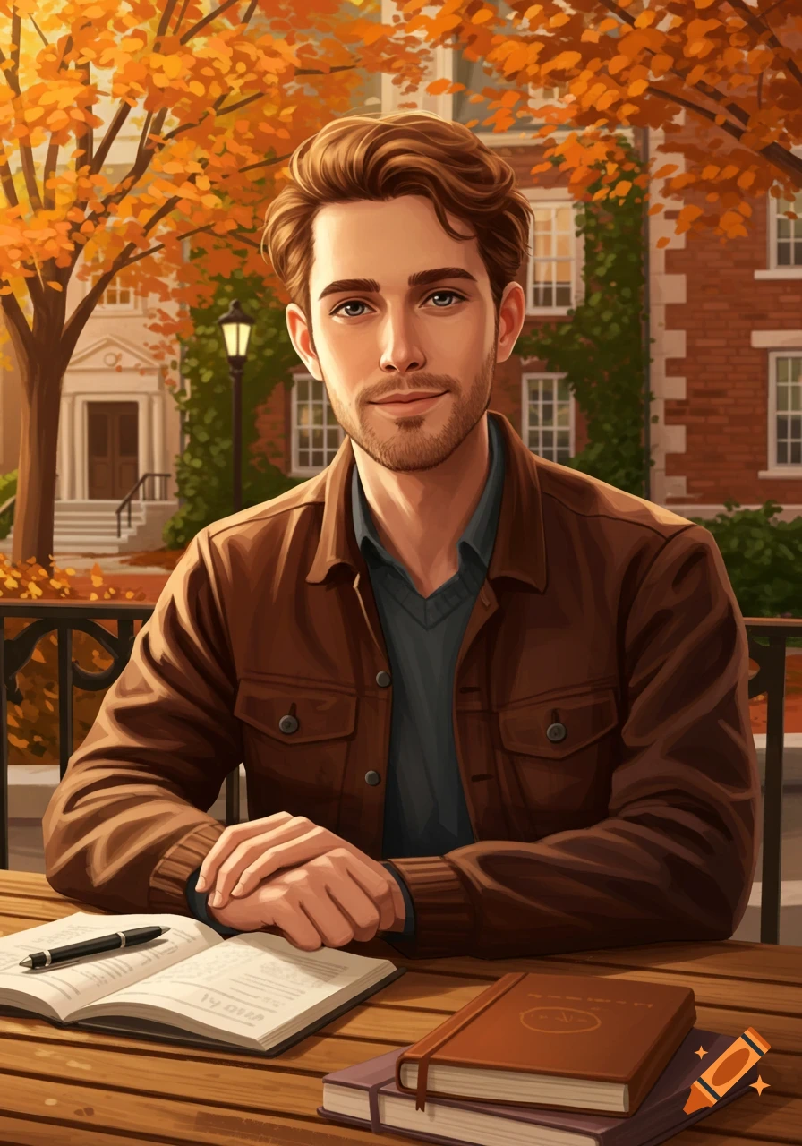 An illustrative portrait of a young man with a beard sitting at a table with books, on an autumn college campus.