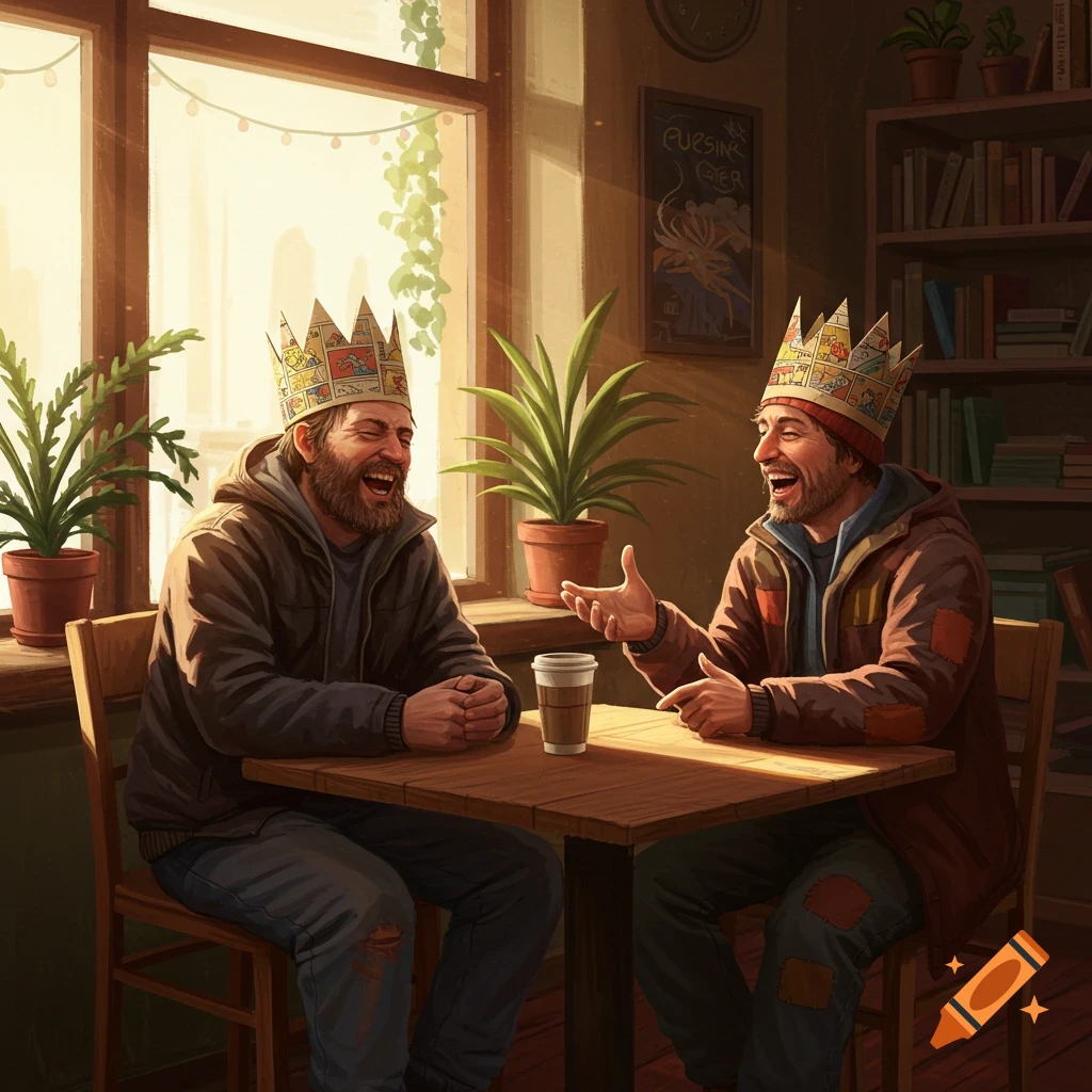 Two men wearing paper crowns laugh while sitting at a table with coffee in a sunlit cafe.
