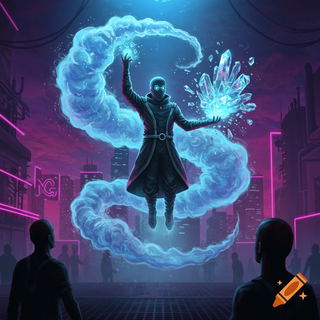 A cloaked figure in goggles floats mid-air, manipulating glowing blue gas and sharp crystals, observed by silhouetted people in a neon-lit futuristic city.