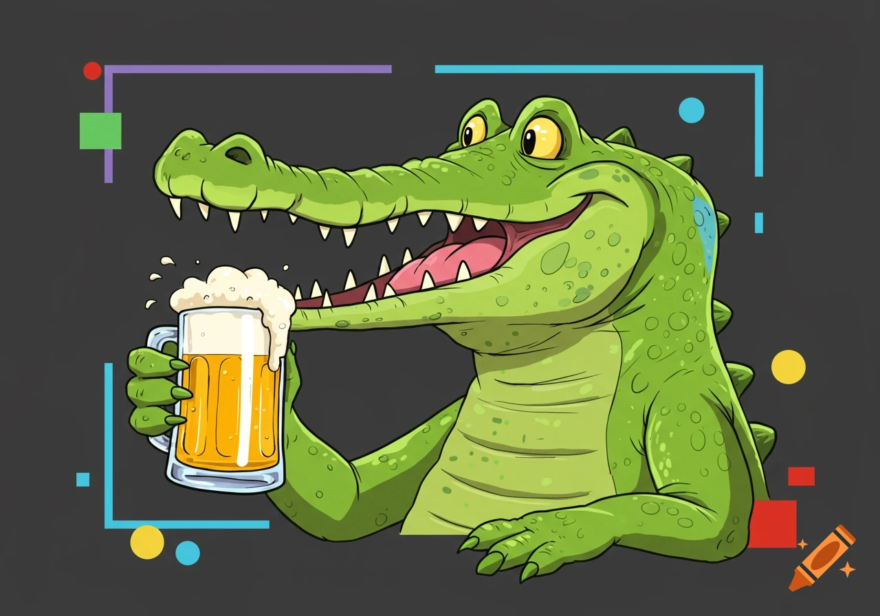 A cartoony green crocodile happily holds a frothy mug of beer, set against a dark gray background with colorful geometric shapes.