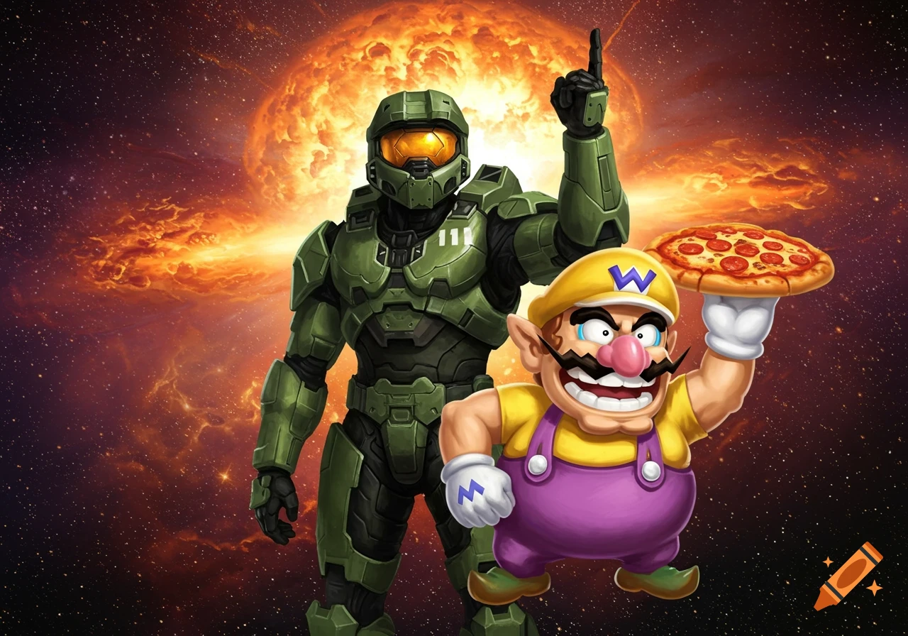 Master Chief standing next to Wario who holds a pizza, with a fiery supernova in the background.