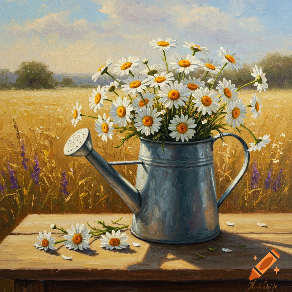 Oil painting of white daisies in a metal watering can on a wooden table, set against a golden field and blue sky.