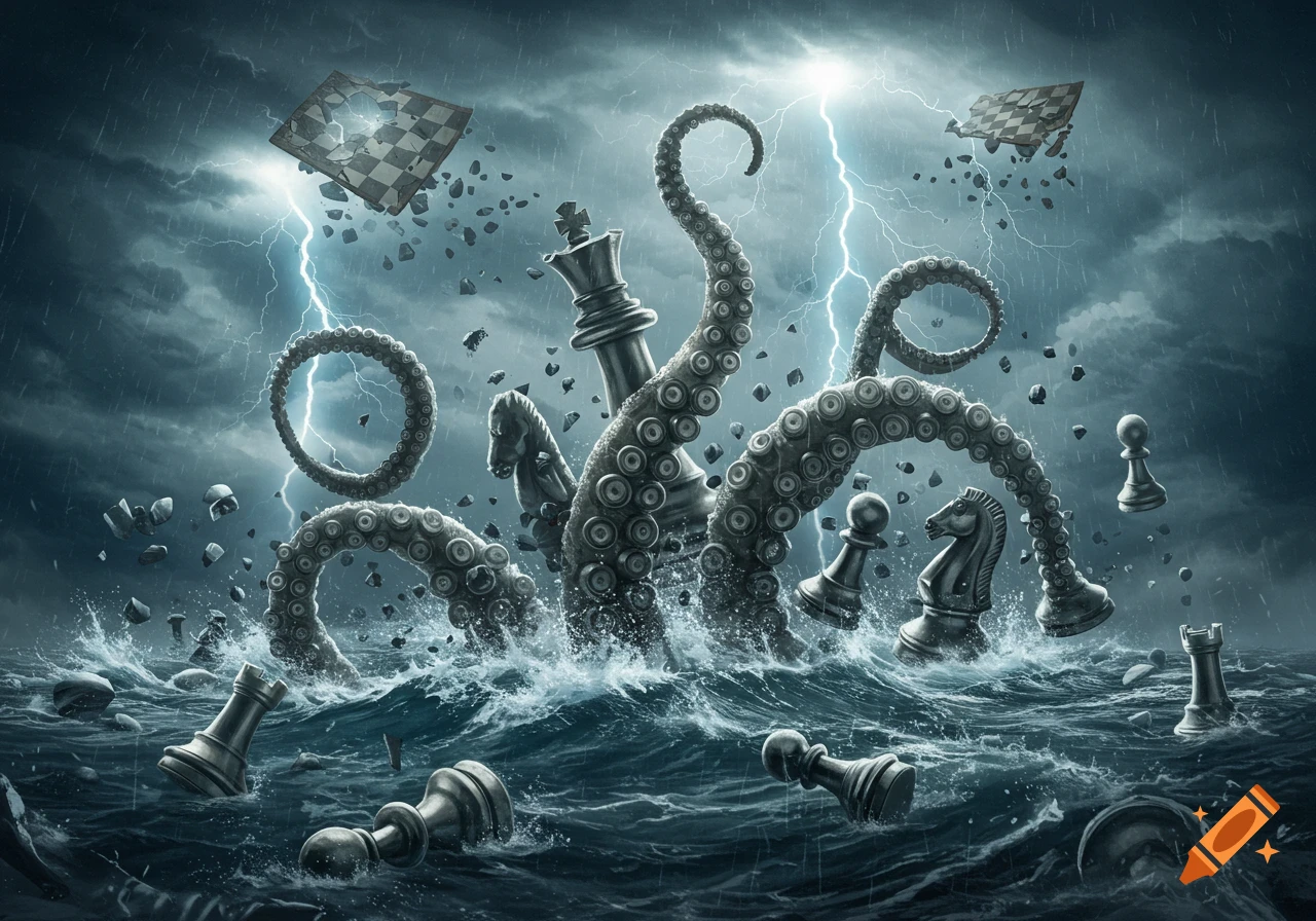 A kraken made of chess pieces rises from a stormy, lightning-filled sea, surrounded by scattered chess pieces.
