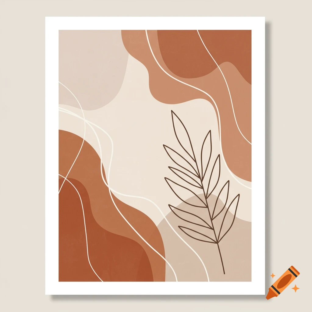 Minimalist abstract art in boho style with organic shapes in beige and terracotta, featuring a line art outline of a leaf.