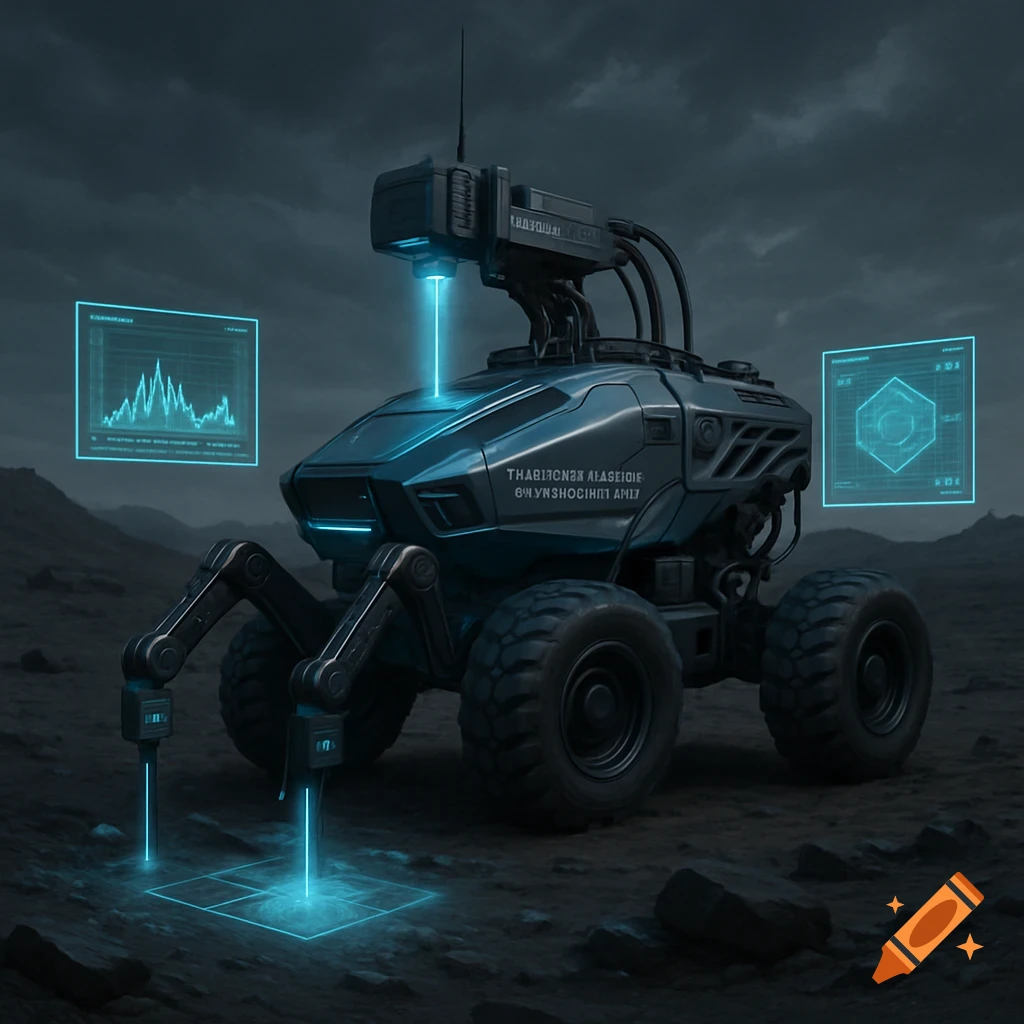 A futuristic, dark grey rover with large wheels and robotic arms emitting blue light, displaying holographic data screens in a desolate landscape at dusk.