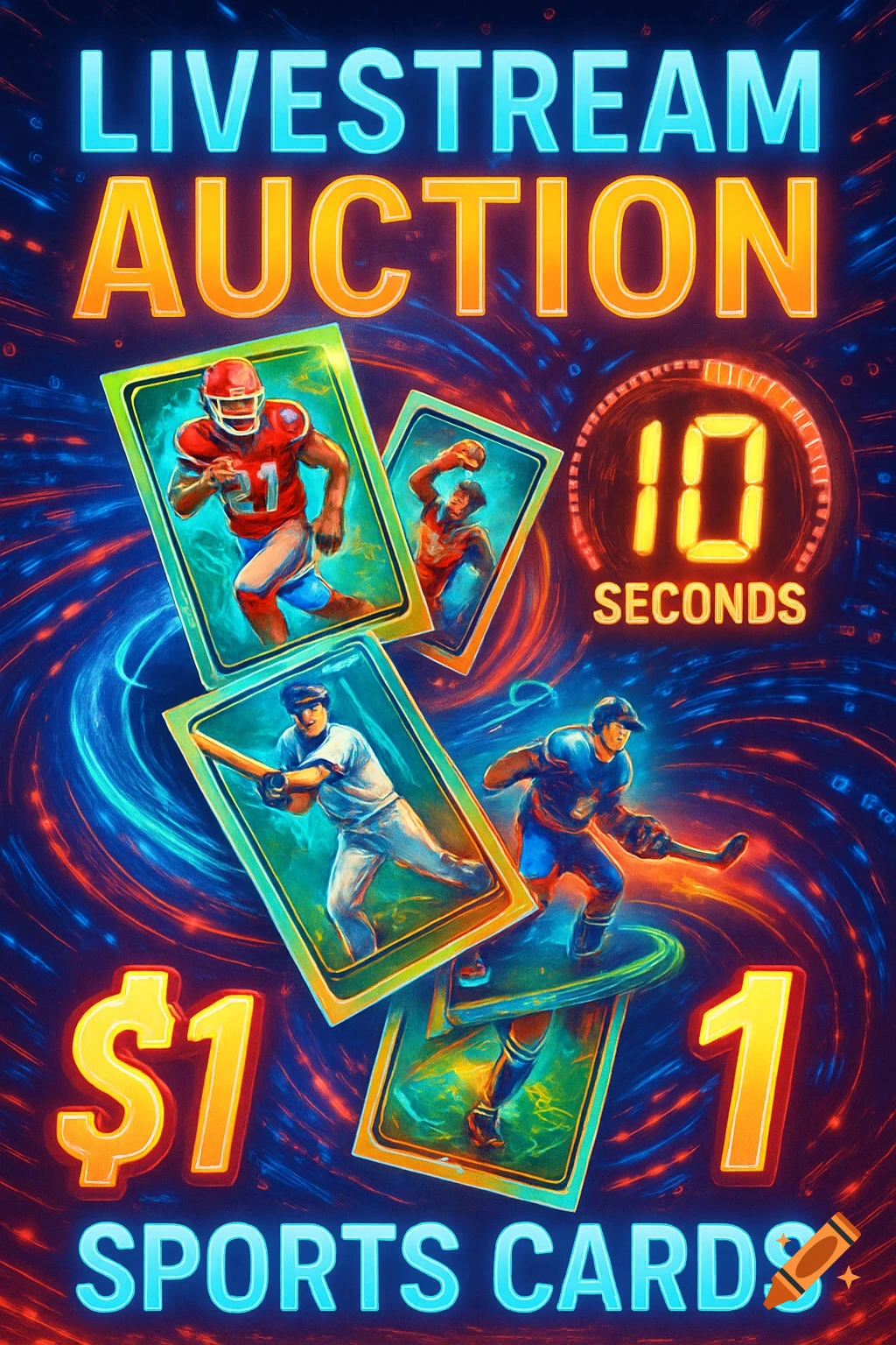 Vibrant promotional image for a livestream sports card auction, featuring cards with athletes and text "LIVESTREAM AUCTION 10 SECONDS $1 SPORTS CARDS".