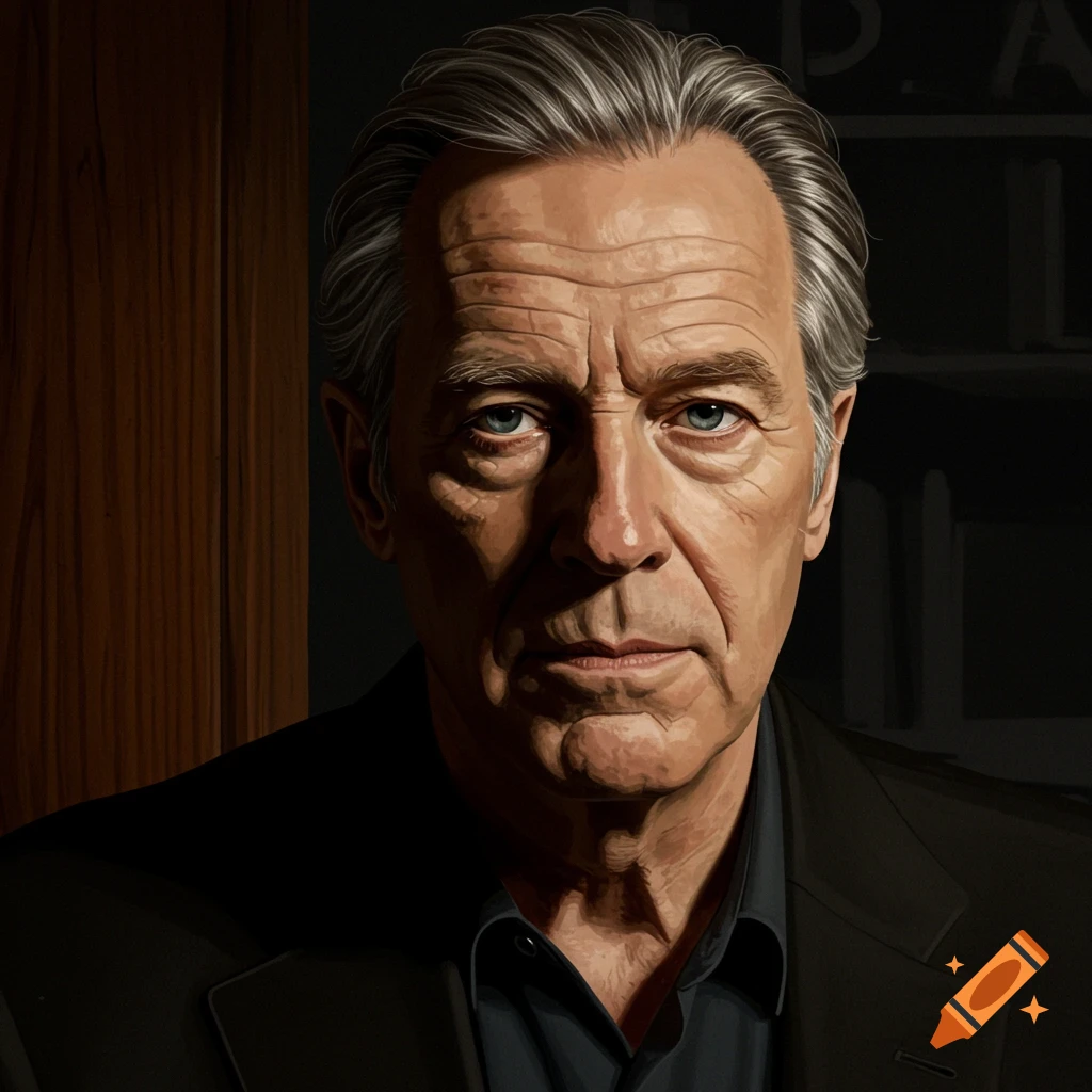 A digital art portrait of an older man with gray hair and blue eyes, wearing a dark suit, looking directly at the viewer.