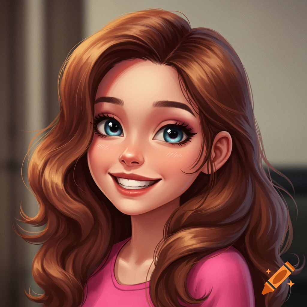 A smiling, stylized cartoon girl with long brown hair, bright blue eyes, and a pink shirt.