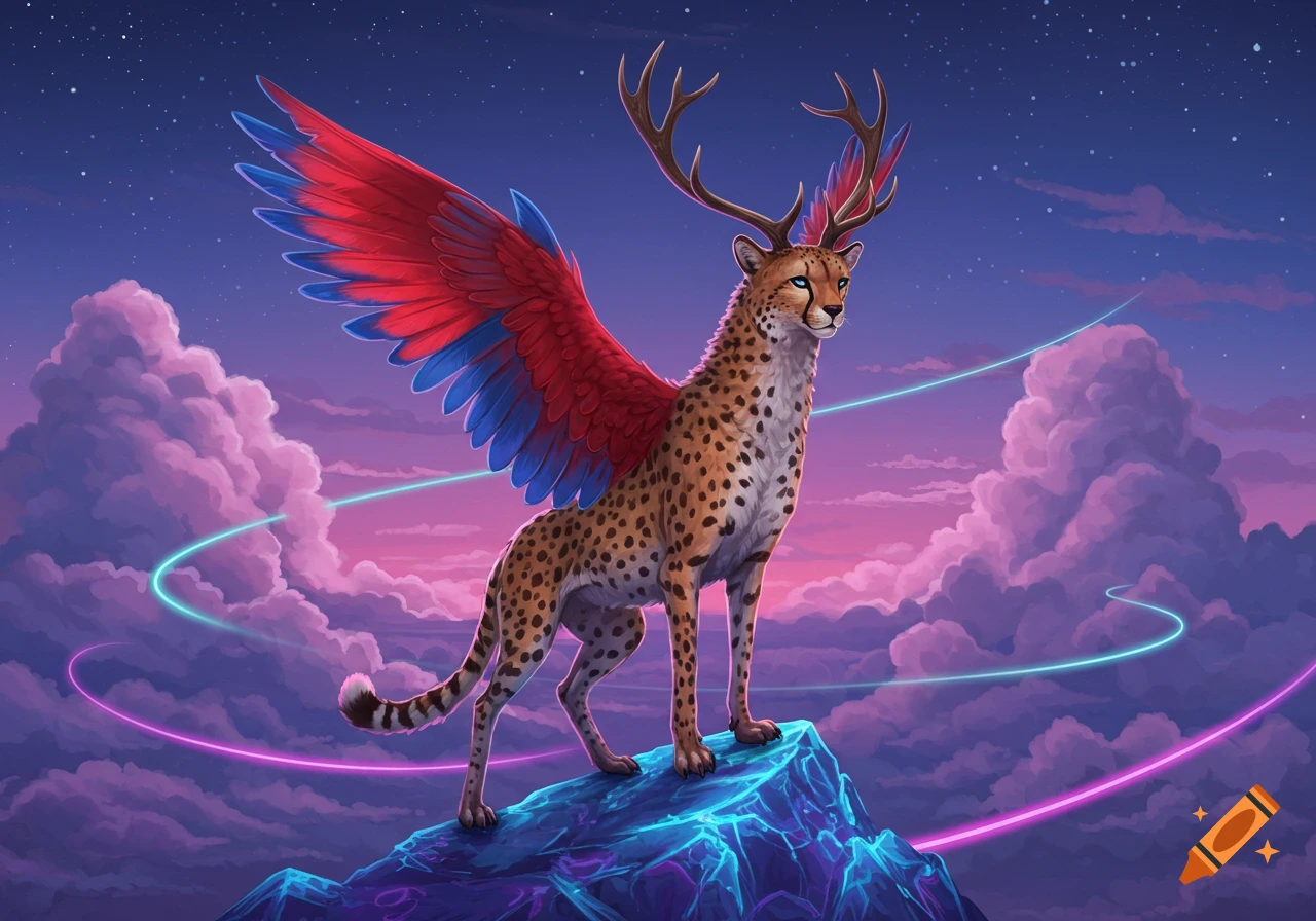 A fantastical cheetah-like creature with large red and blue wings and deer antlers stands on a glowing blue rock under a starry, purple and pink sky with neon lines.
