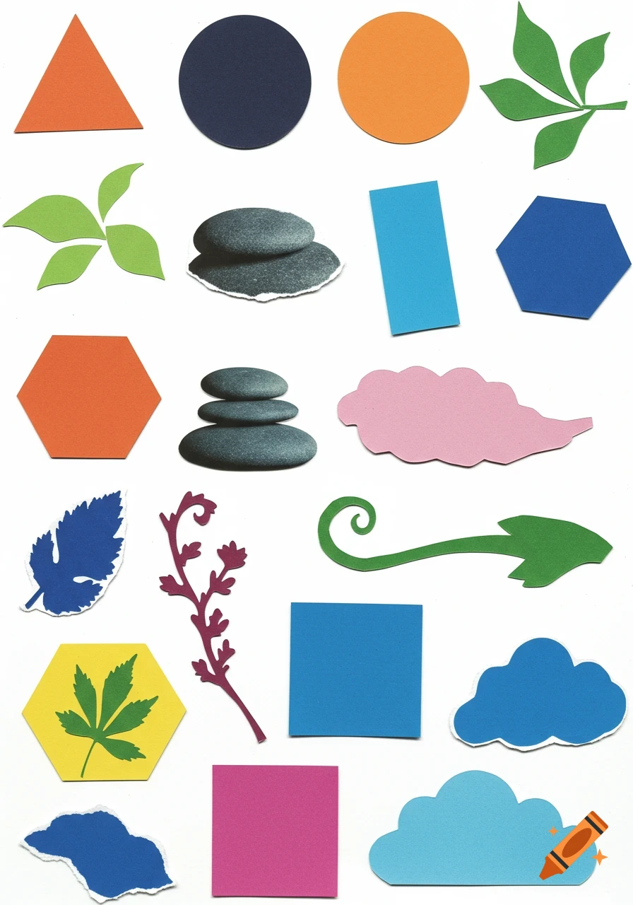 A colorful collage of geometric shapes like triangles, circles, and hexagons, and organic shapes like leaves, clouds, and stacked pebbles, on a white background.
