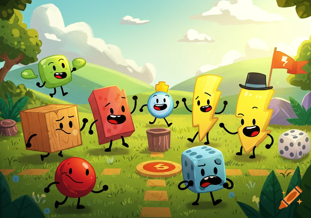 Group of cheerful, animated objects like a red ball, green square, and lightning bolts running through grassy hills in a vibrant cartoon style.