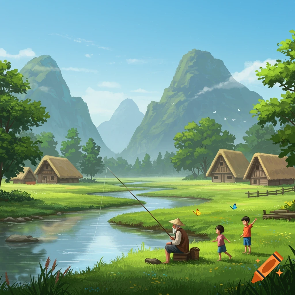Illustrative painting of an old man fishing in a river, with two children, traditional houses, and green mountains.