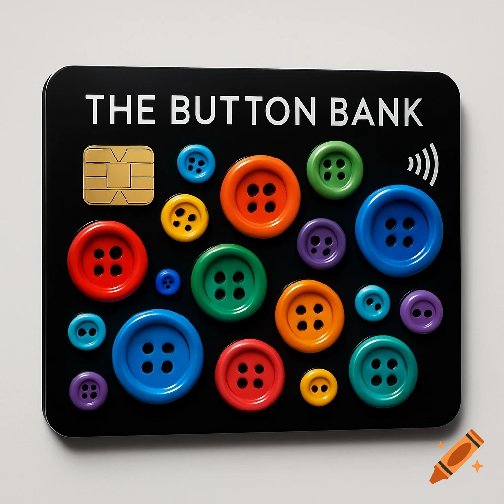 A black credit card with "THE BUTTON BANK" text, a gold chip, a contactless payment symbol, and many colorful buttons of various sizes scattered across its surface.