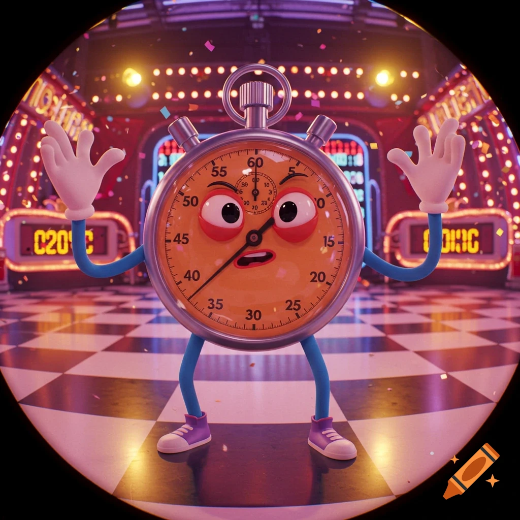A cartoon stopwatch character with a surprised expression stands on a checkered floor in a lively game show set, surrounded by confetti.