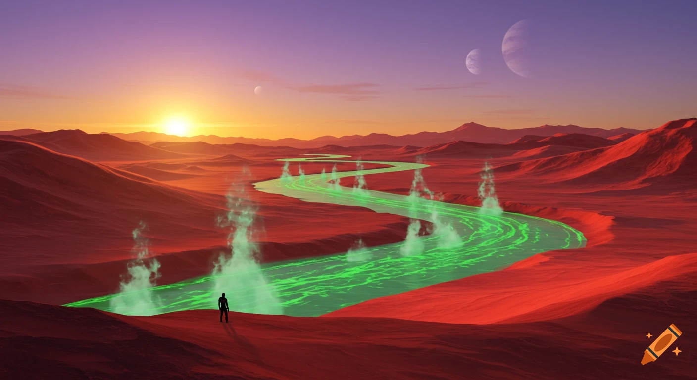 A lone figure stands on a red alien desert landscape with a glowing green acid river and planets in the sunset sky.
