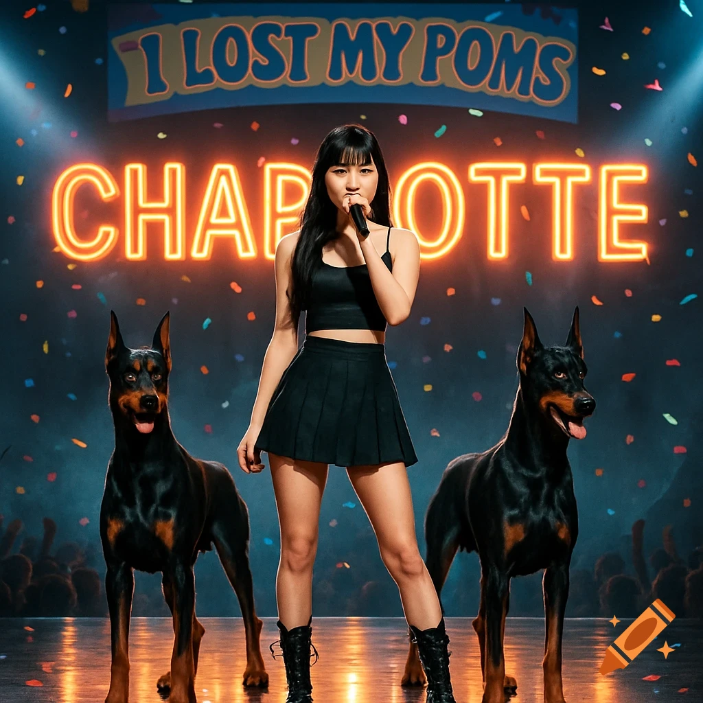 A K-pop singer in a black crop top and skirt holds a microphone on stage, flanked by two Doberman dogs. Neon signs above her read 'I LOST MY POMS' and 'CHARLOTTE'. Confetti falls around them.