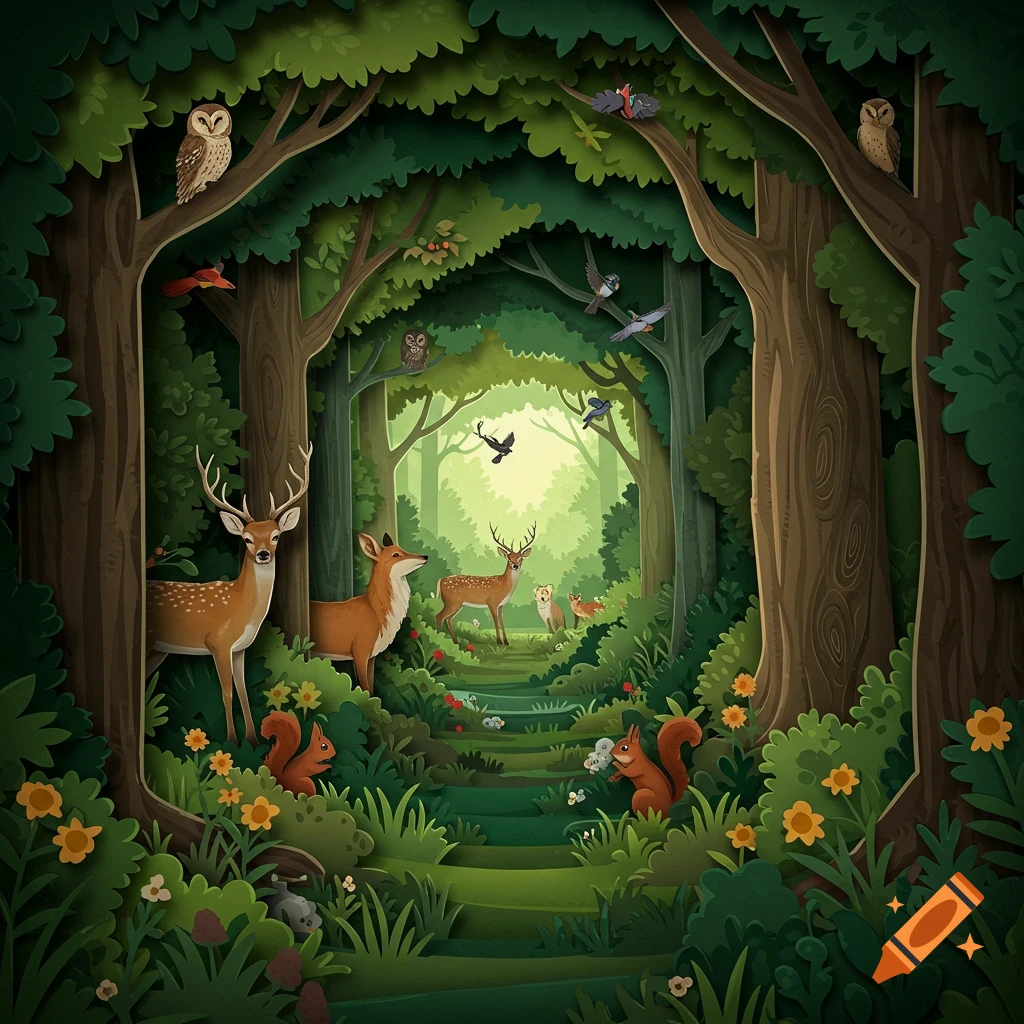 A vibrant, layered paper-cut illustration of a forest with deer, squirrels, owls, and birds creating a tunnel-book effect.