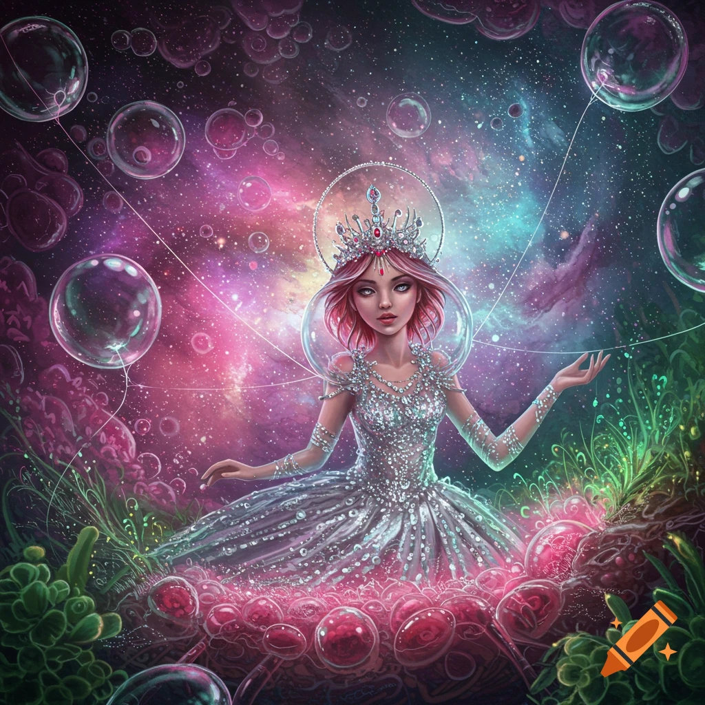 A red-haired princess in a sparkling dress and crown floats among bubbles in a vibrant pink and purple cosmic microverse.