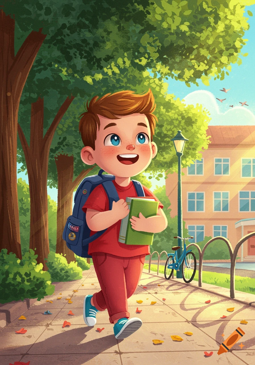 Happy cartoon boy student with backpack and book walks to school on a sunny day.