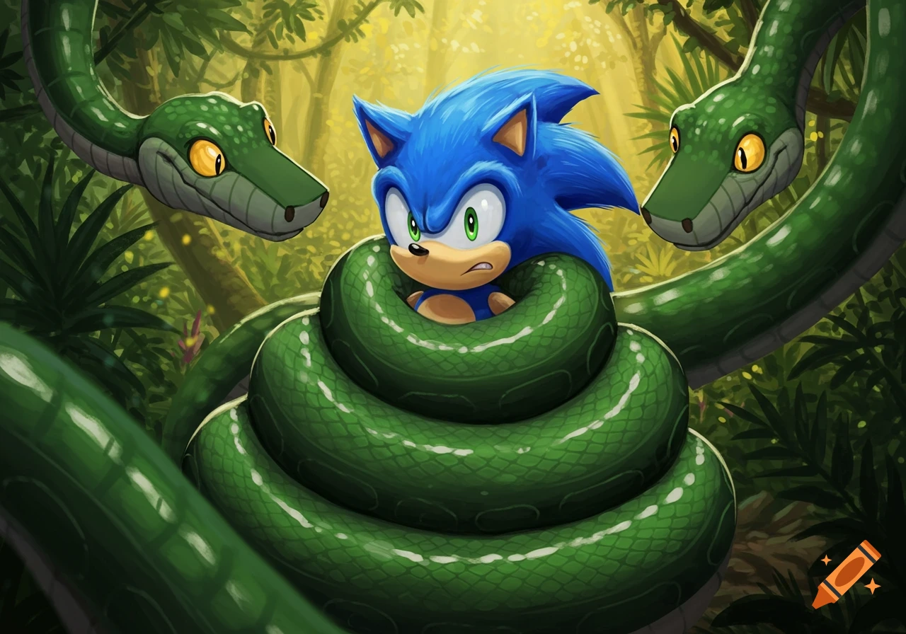 Sonic the Hedgehog looks worried while being tightly wrapped in the coils of two large green snakes in a vibrant jungle.