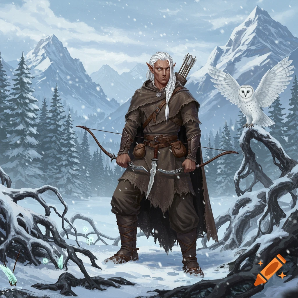 White-haired male elf with daggers and bow, in snowy mountains with an ethereal owl and glowing roots. Digital art.