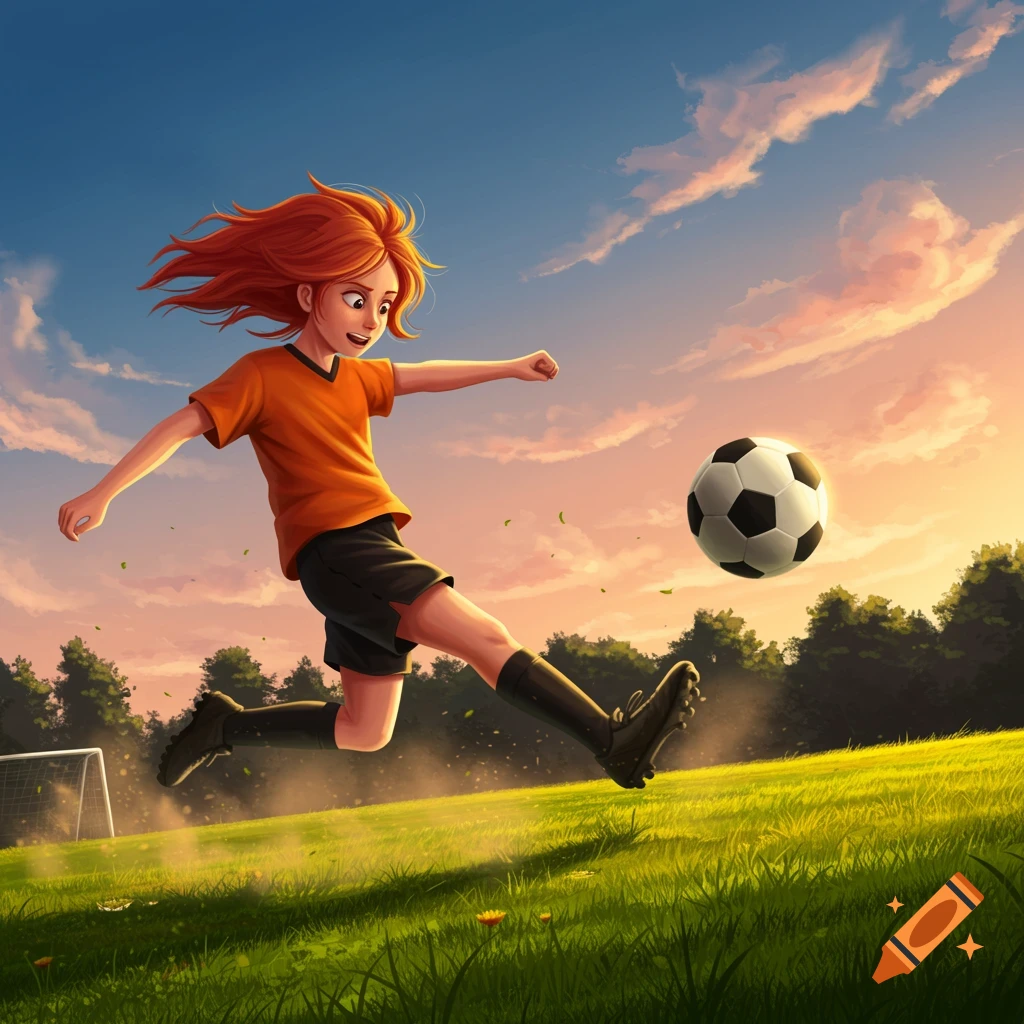 A red-haired girl in an orange shirt and black shorts kicks a soccer ball across a sunny green field at sunset. Illustrated style.