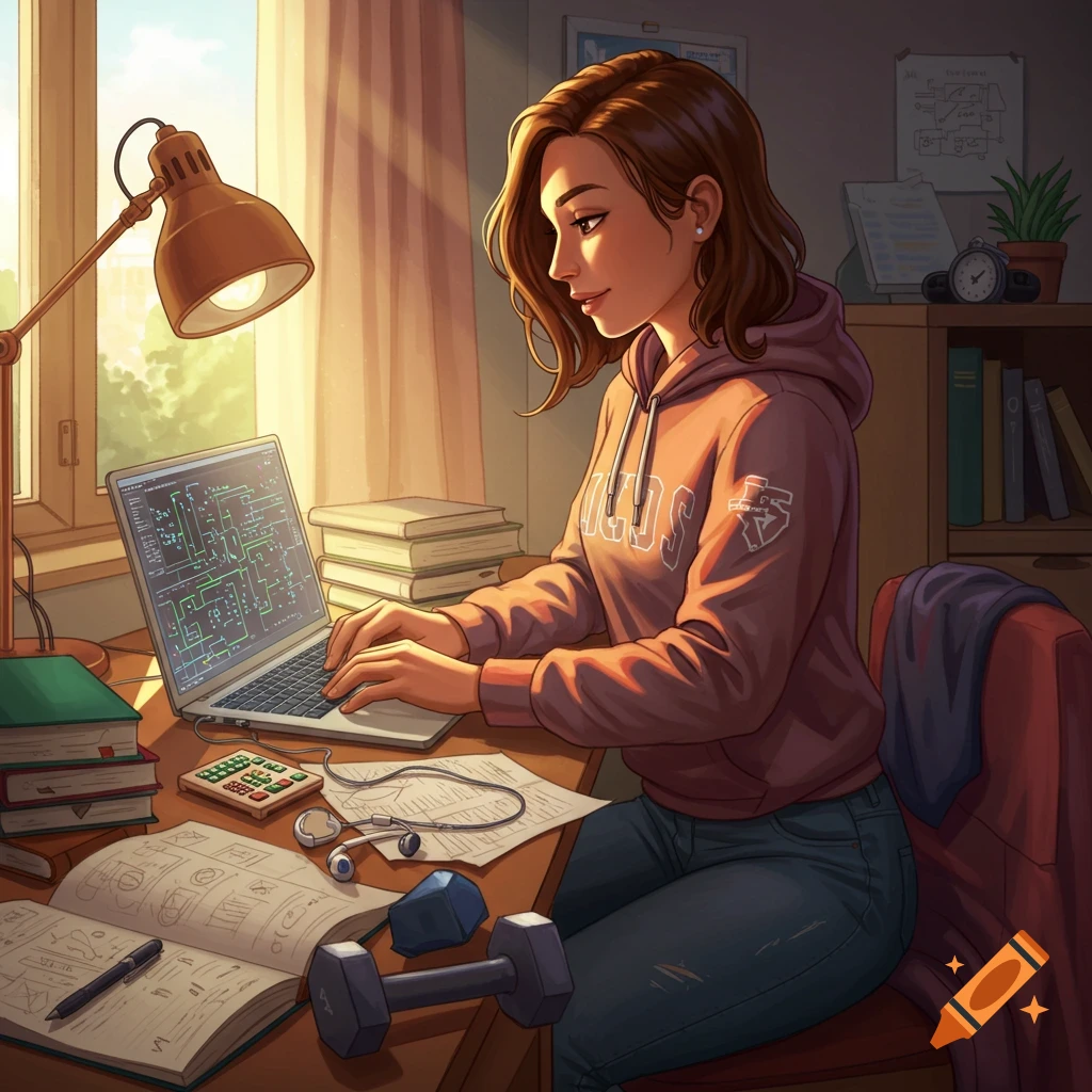 An anime-style illustration of a female college student studying electrical engineering at her desk, bathed in sunlight.