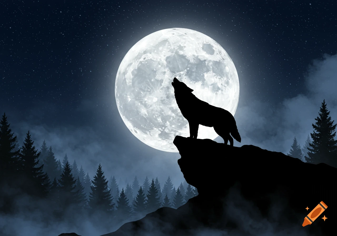Silhouette of a wolf howling on a rocky cliff under a bright full moon and starry night sky with a misty forest.