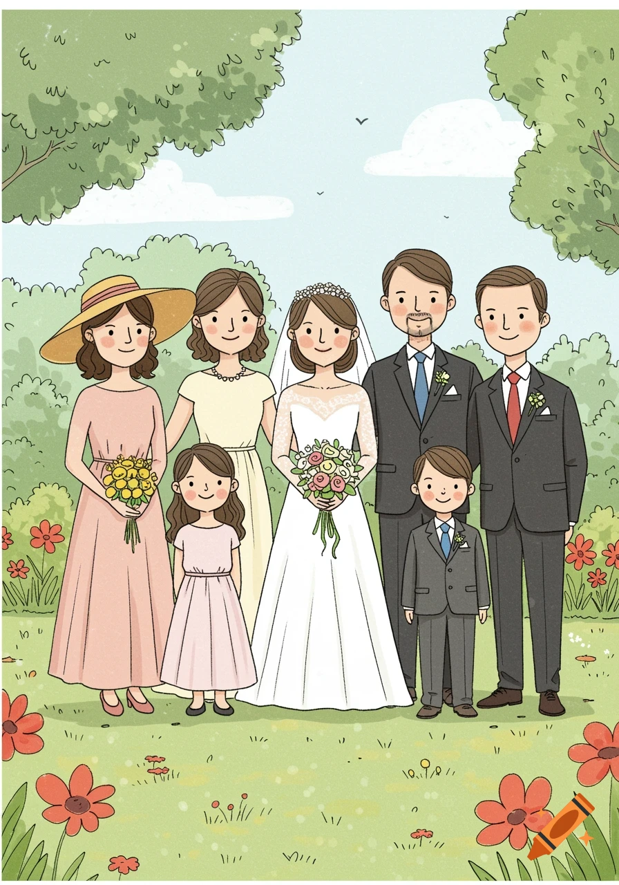 A family group portrait in a children's cartoon style, showing a bride, groom, and their family dressed in wedding attire standing outdoors.