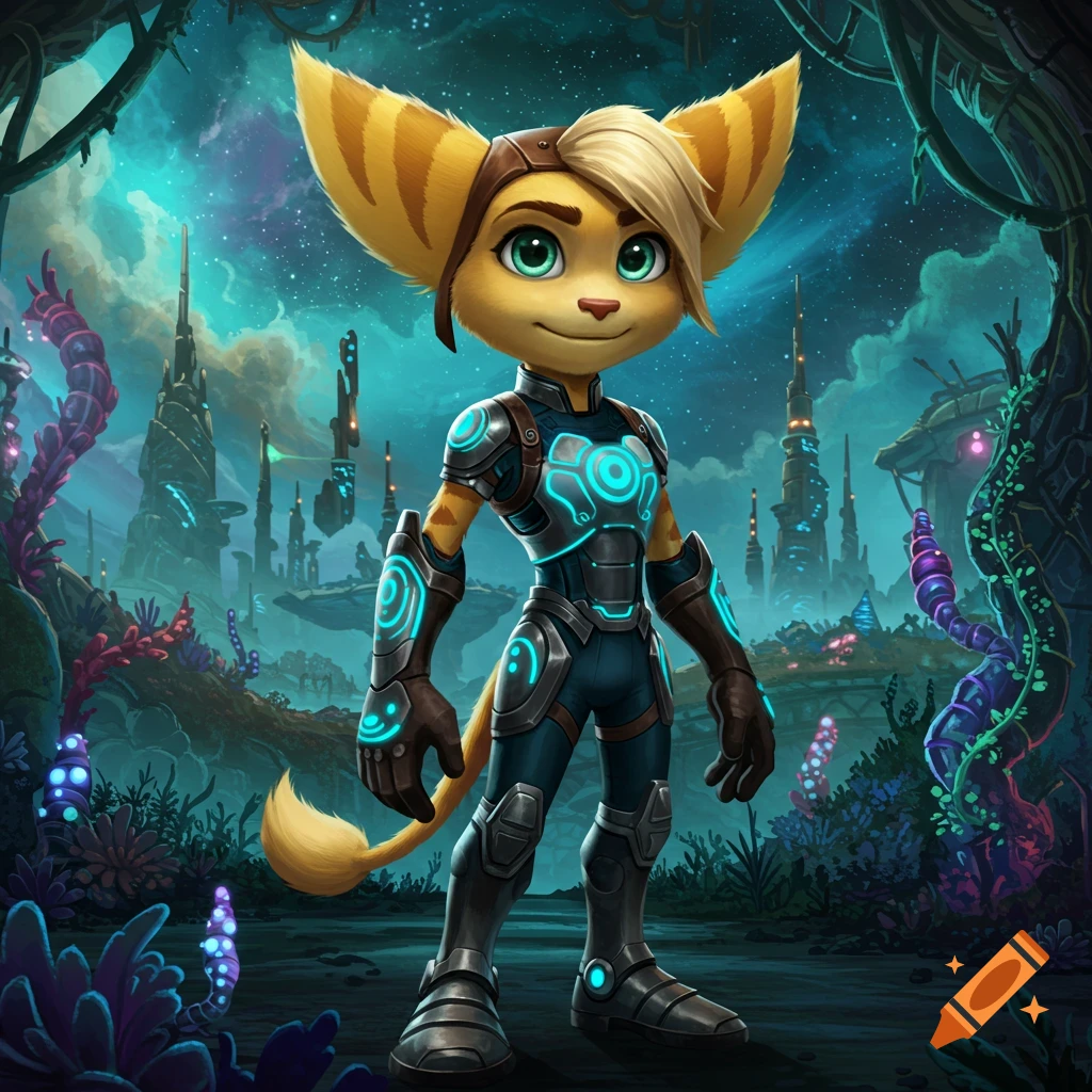 A female Lombax character in blue sci-fi armor with glowing accents stands on an alien planet with futuristic structures and luminous plants.