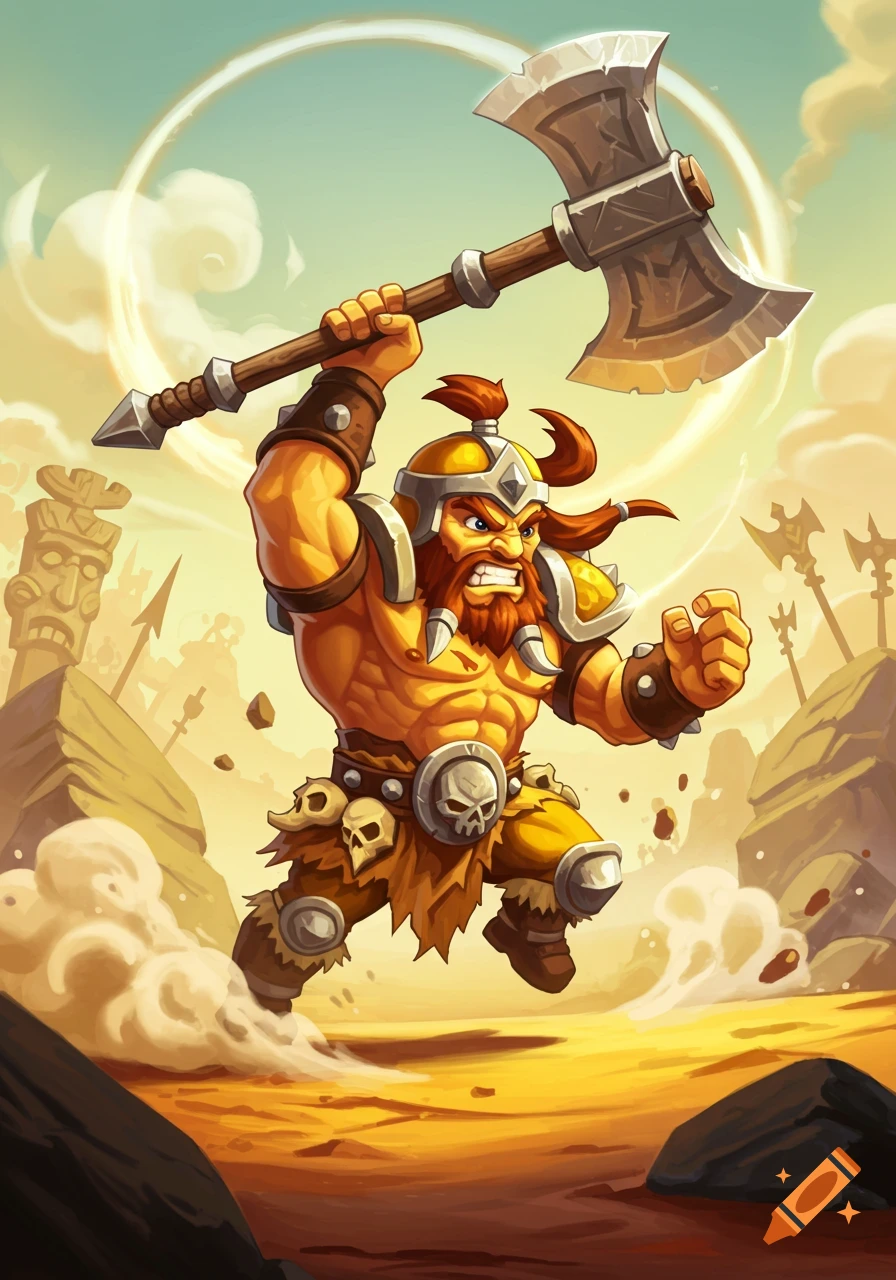 A fierce cartoon barbarian in yellow armor wields a double-bladed axe, running through a sandy landscape.