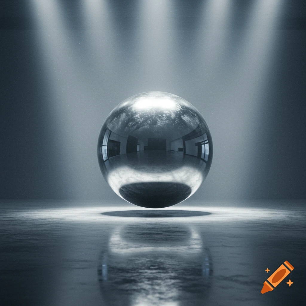A reflective chrome sphere floats in a dark, spotlight-lit room with a wet, reflective floor.