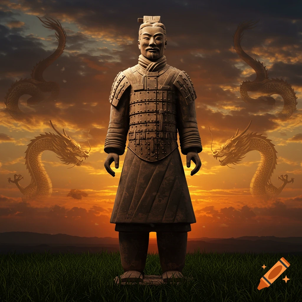 A majestic terracotta warrior statue stands in a grassy field against a vibrant sunset sky, with two golden dragons appearing in the clouds.
