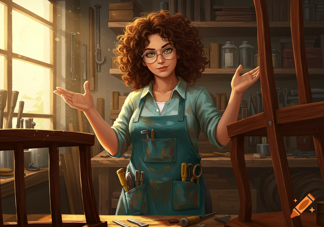 An illustrated handywoman with curly hair, glasses, and an apron smiles in a woodworking shop, gesturing with open hands.