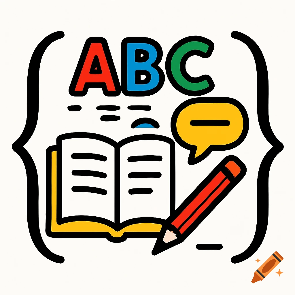 Colorful illustration of English lesson items: "ABC" letters, an open book, a red pencil, and a speech bubble, all framed by black parentheses on a white background.