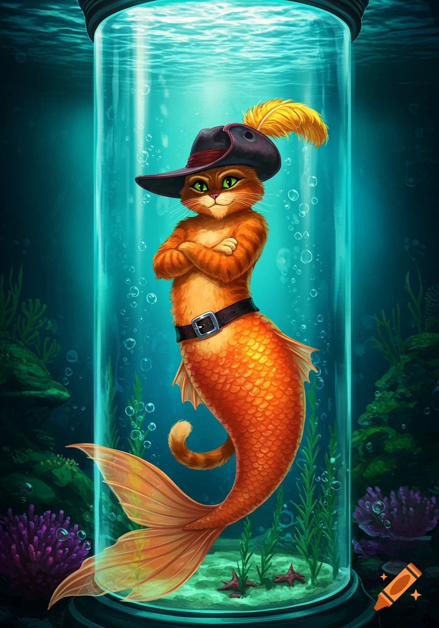 Cartoon Puss in Boots as a mermaid, wearing a feathered hat and black belt, posing confidently inside a cylindrical underwater tank.