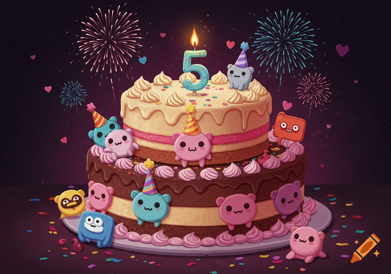 A two-tiered birthday cake with a lit number 5 candle, surrounded by cute cartoon characters, set against a dark background with fireworks and confetti.