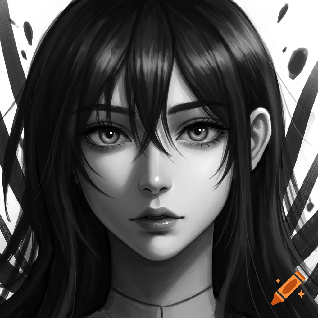 Black and white anime portrait of a woman with long dark hair and large eyes.