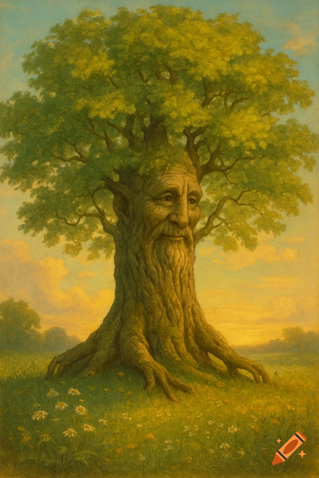 A majestic tree with an old man's face on its trunk stands in a sunlit, grassy field with wildflowers, painted.