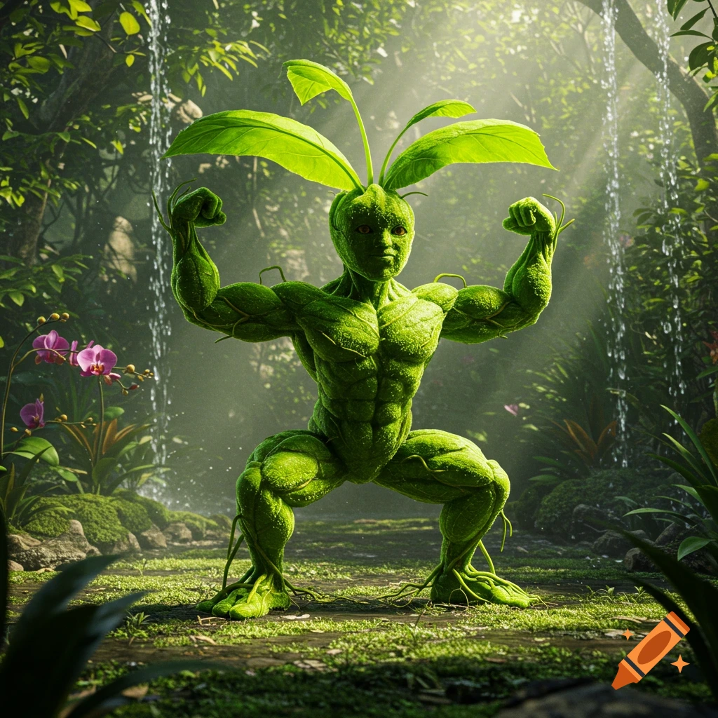 A muscular, green, plant-like creature with leaves on its head flexes its biceps in a lush jungle with a waterfall, photorealistic style.