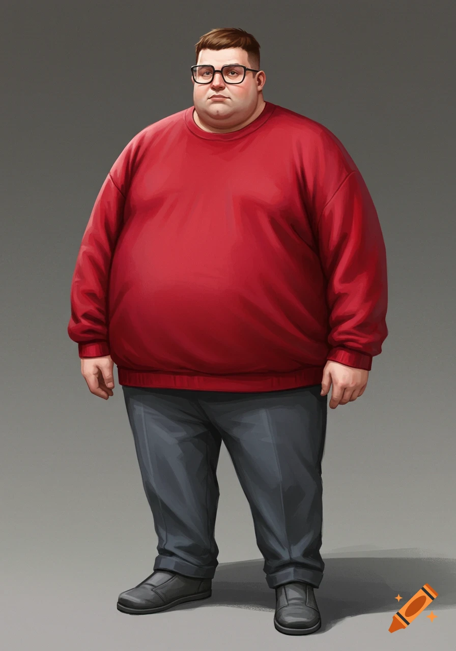 Illustrated full-body portrait of a large man with short brown hair, glasses, wearing a red sweatshirt, gray pants, and gray shoes.