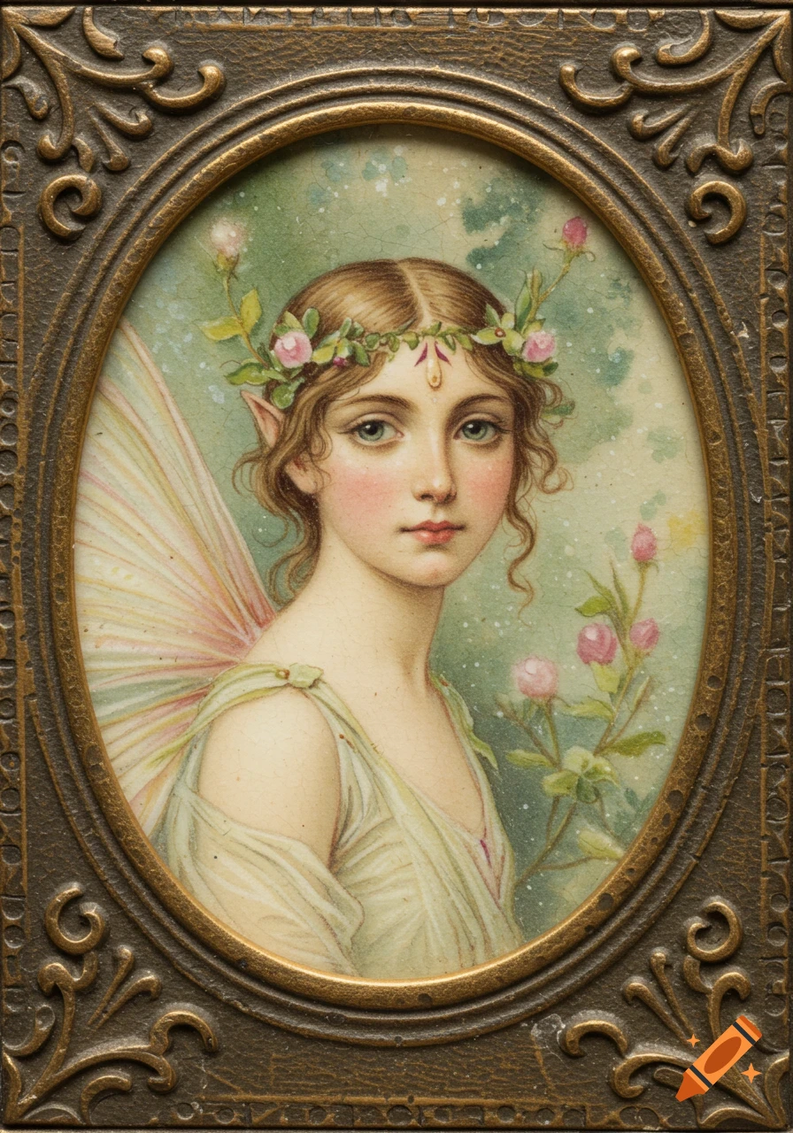 A delicate watercolor portrait of a fairy with a floral crown, pointed ears, and iridescent wings, framed in an ornate oval.