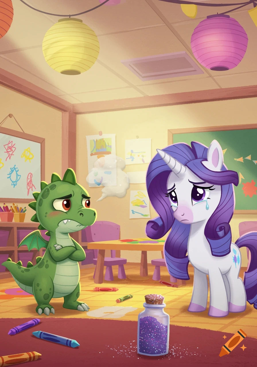 A sad white unicorn with a purple mane looks down at an upset green dragon, in a cartoon kindergarten classroom with spilled glitter.
