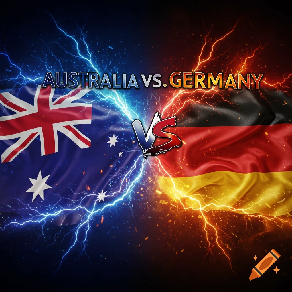 The Australian flag and German flag clashing with blue and orange lightning, with the text 'AUSTRALIA VS. GERMANY'.