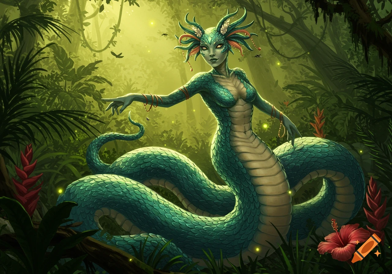A fantasy illustration of a snake woman with green scales and elaborate headdress, standing in a lush, glowing jungle.