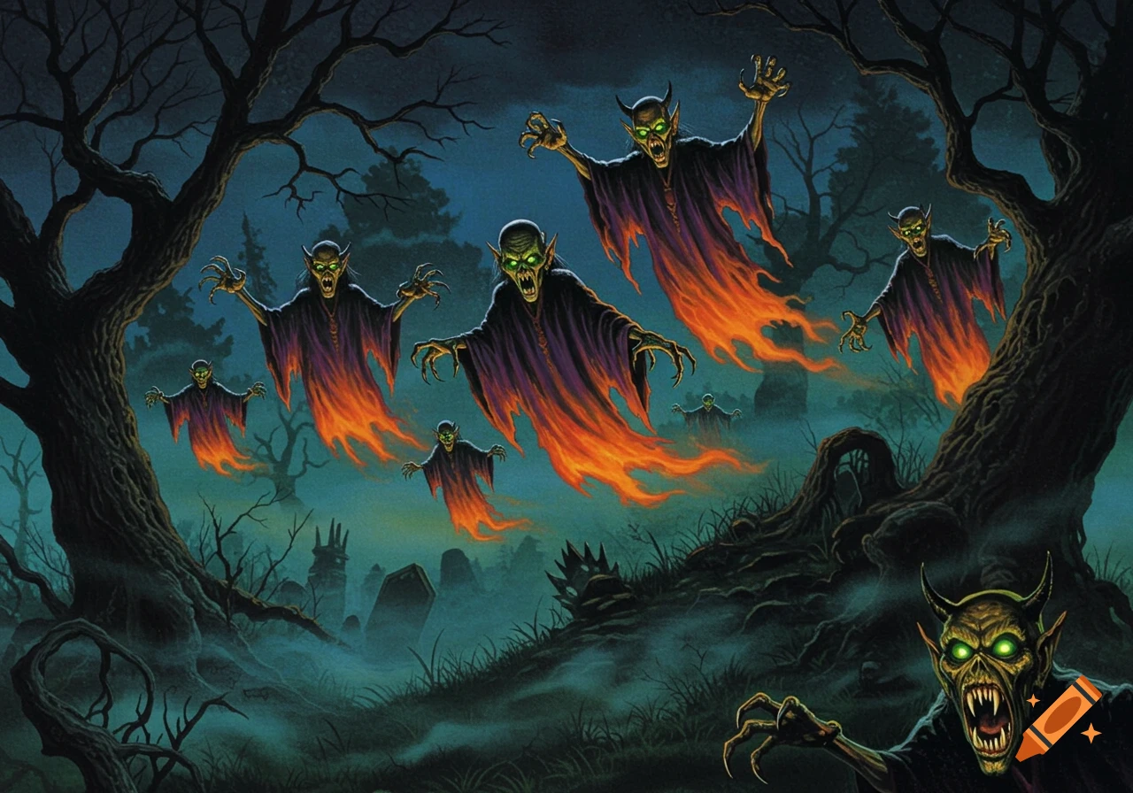 Spooky illustration of green-faced, horned goblins with glowing eyes and fiery trails flying through a dark, misty graveyard at night.