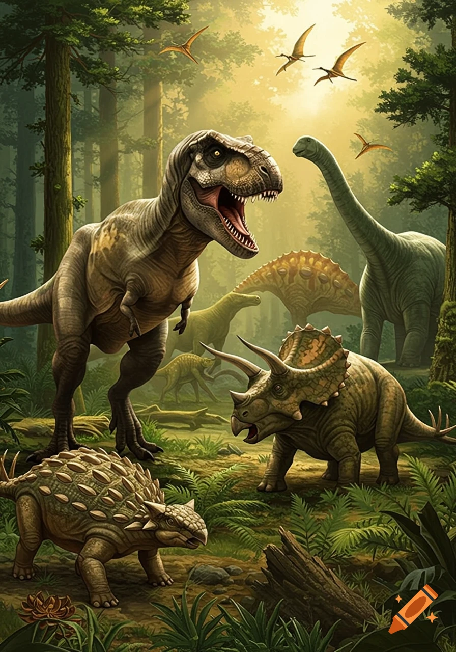 A detailed illustration of a Tyrannosaurus Rex, Triceratops, Ankylosaurus, and long-necked dinosaurs in a lush, sun-dappled prehistoric jungle with flying pterodactyls.